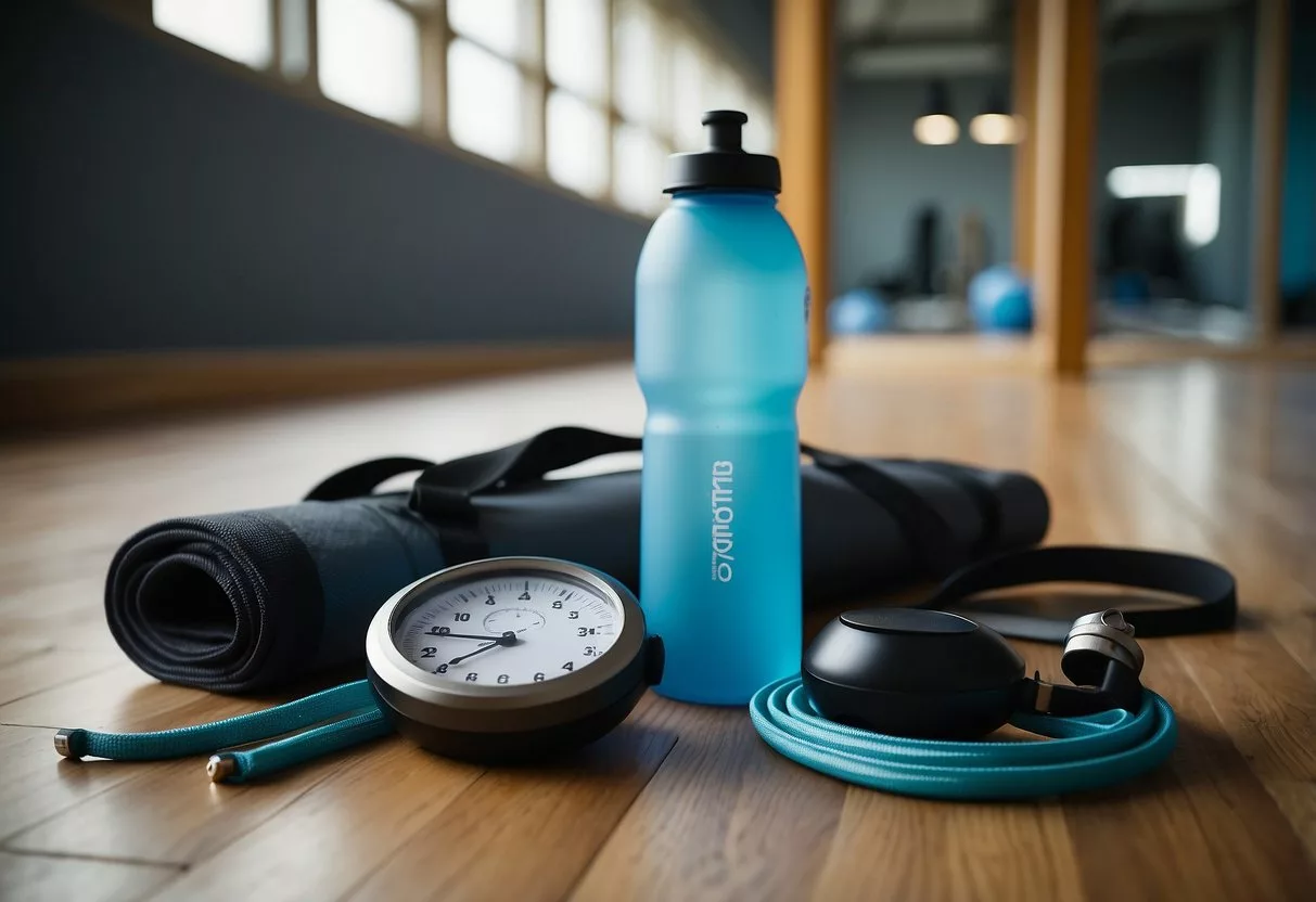 A person's gym bag, water bottle, and stopwatch on a clean, bright floor. An open space with a yoga mat and resistance bands nearby
