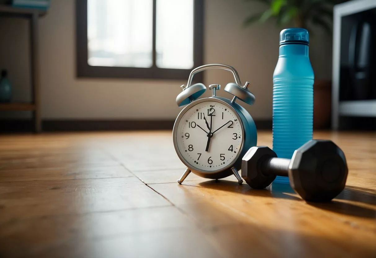A clock with a time of 7:00 am, a yoga mat, a set of dumbbells, and a water bottle on a clean and uncluttered floor