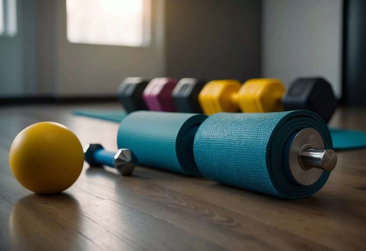 A yoga mat on the floor with a set of dumbbells, resistance bands, and a water bottle nearby. A timer is set for a quick workout routine