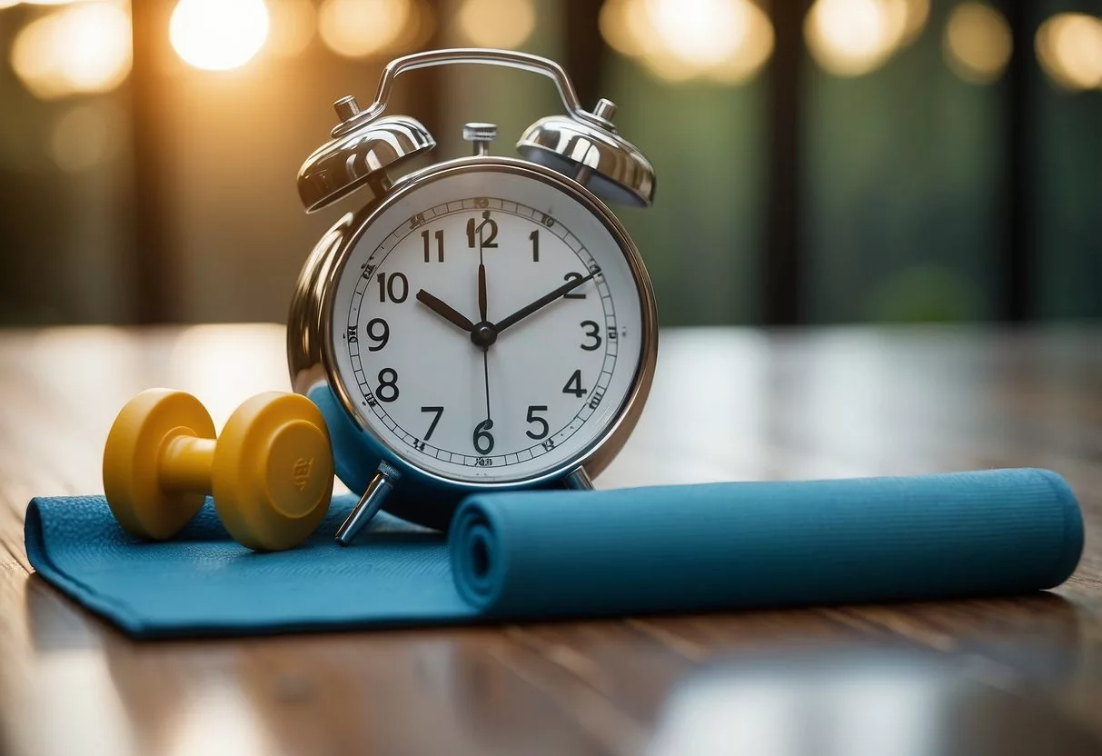 A clock showing 6:00 am, a yoga mat, a set of dumbbells, and a water bottle on a clean, well-lit floor