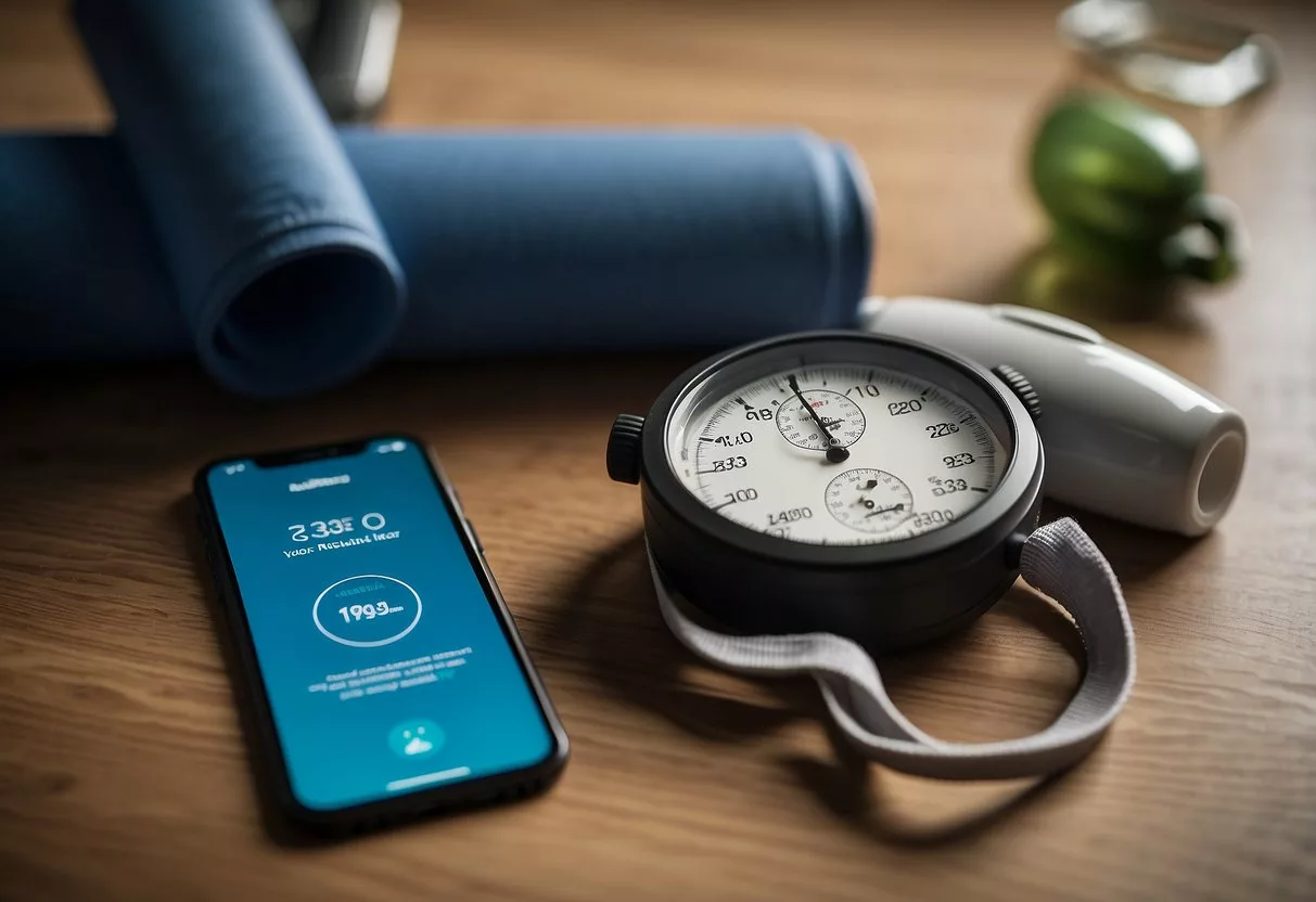 A stopwatch next to a water bottle and yoga mat, with a smartphone displaying workout instructions