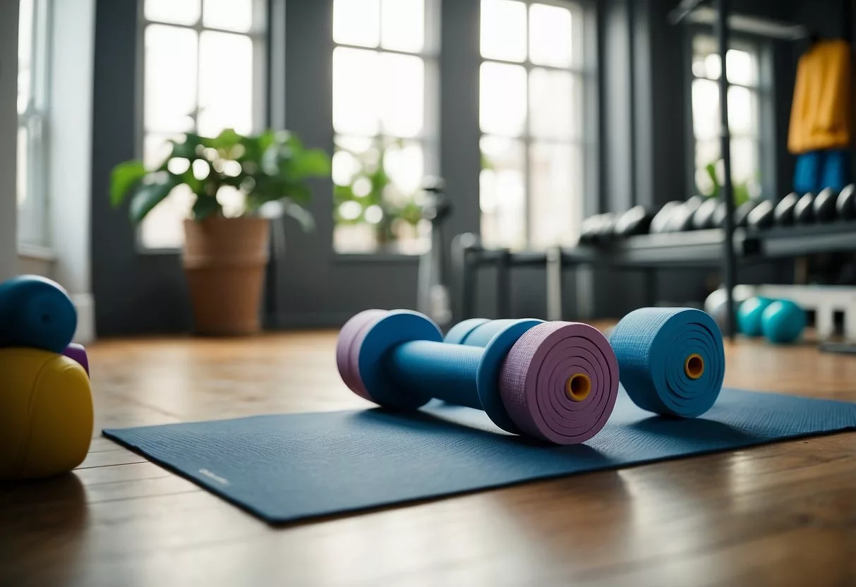A clutter-free home gym with a yoga mat, resistance bands, and dumbbells. A digital timer set to 15 minutes. A water bottle and towel nearby