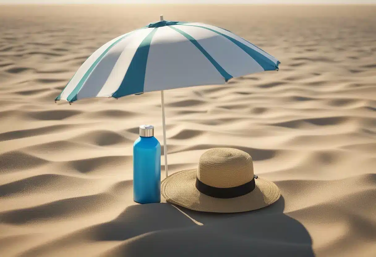 A beach umbrella casting shade over a sunscreen bottle, hat, and sunglasses on a sandy shore