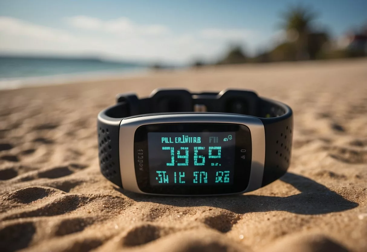 A fitness tracker displays progress while motivational quotes surround a workout plan on a sunny beach backdrop