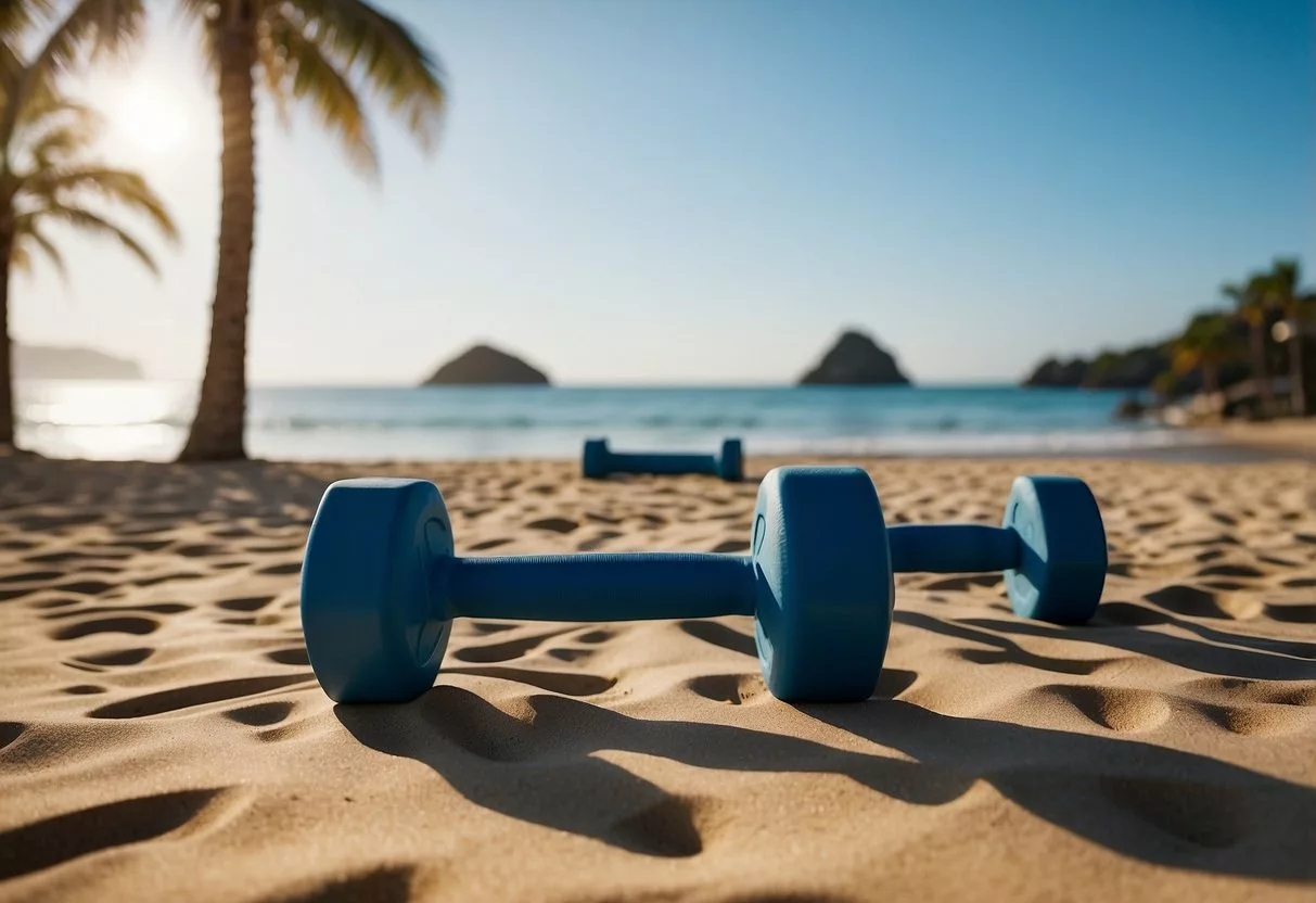 A sunny beach with exercise equipment, like dumbbells and yoga mats, set up for a summer workout. Clear blue skies and waves crashing in the background