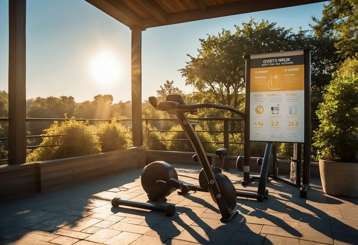 A sunny outdoor space with exercise equipment, water bottles, and sunscreen. A poster with safety tips and workout plan displayed prominently