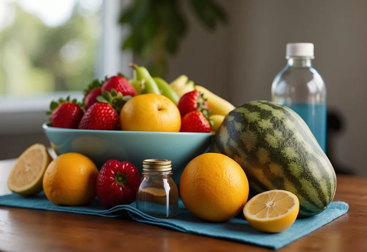 A colorful array of fresh fruits, vegetables, and protein sources arranged on a table, with a water bottle and a yoga mat nearby