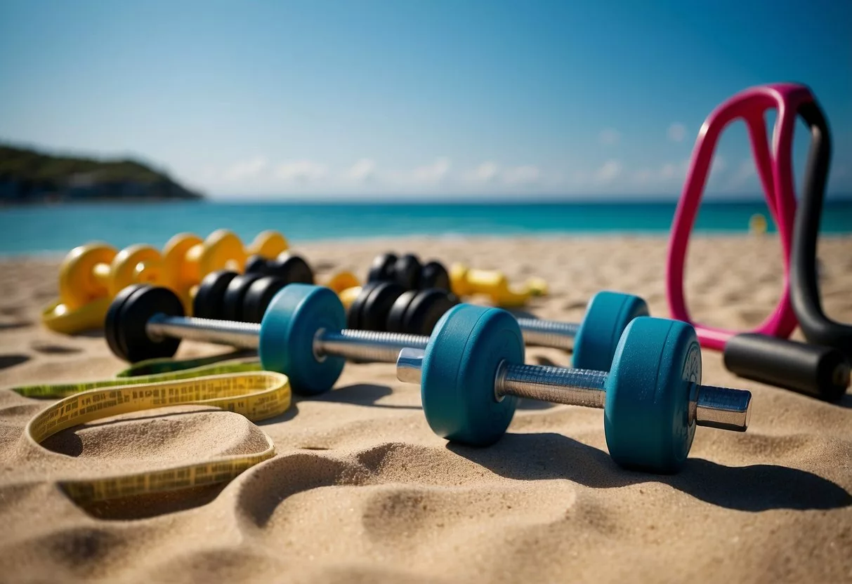 A sunny beach with workout equipment, like dumbbells and resistance bands, set up on the sand. A clear blue sky and calm ocean in the background