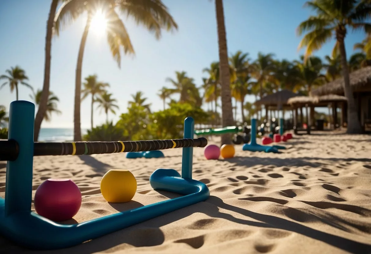 A sunny beach with a clear blue sky, featuring exercise equipment like dumbbells and resistance bands, surrounded by palm trees and the sound of crashing waves