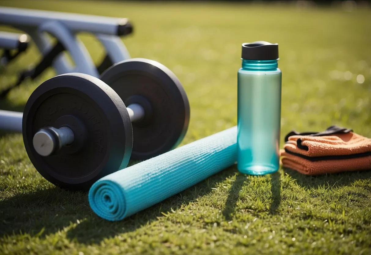A bright, sunny outdoor setting with exercise equipment like dumbbells, resistance bands, and yoga mats arranged neatly on the grass. A water bottle and towel are placed nearby