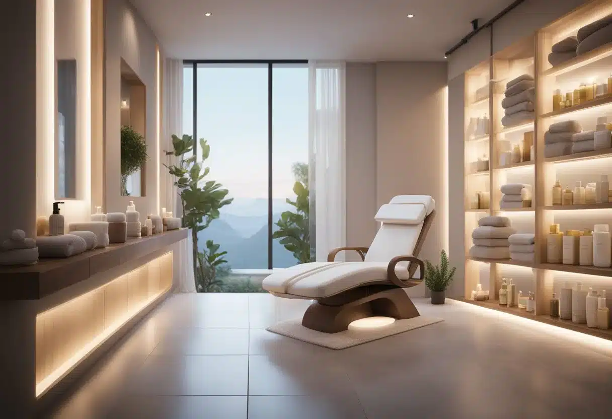 A serene spa room with soft lighting, shelves of skincare products, and a comfortable treatment chair for a professional skin care routine