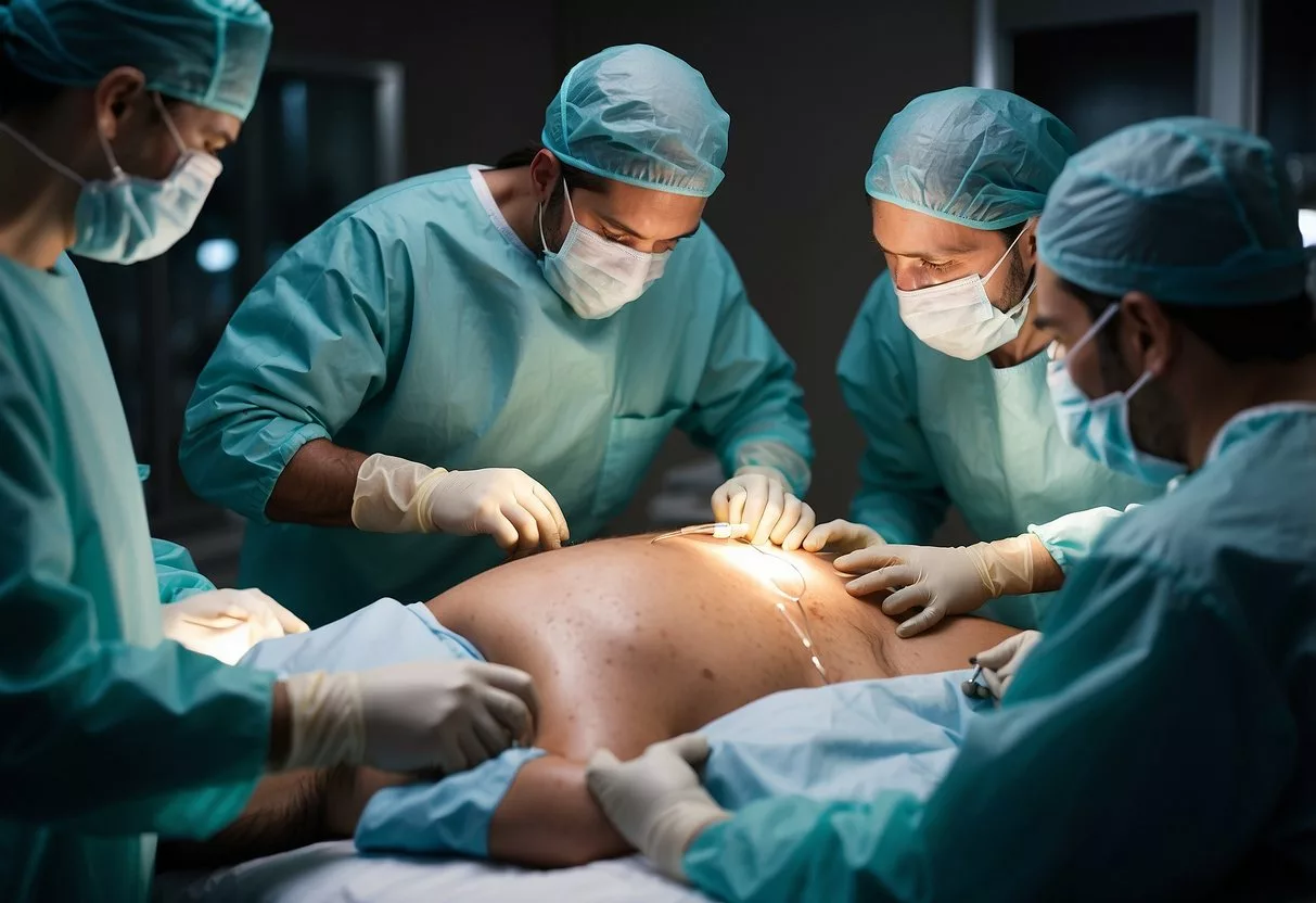 A surgeon operates on a male patient to repair diastasis recti, using medical instruments and a surgical team