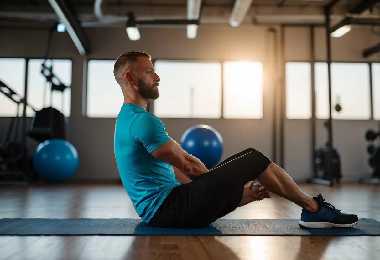A man performing core-strengthening exercises with variations for diastasis recti. Focus on proper form and controlled movements. Include equipment like resistance bands and stability balls