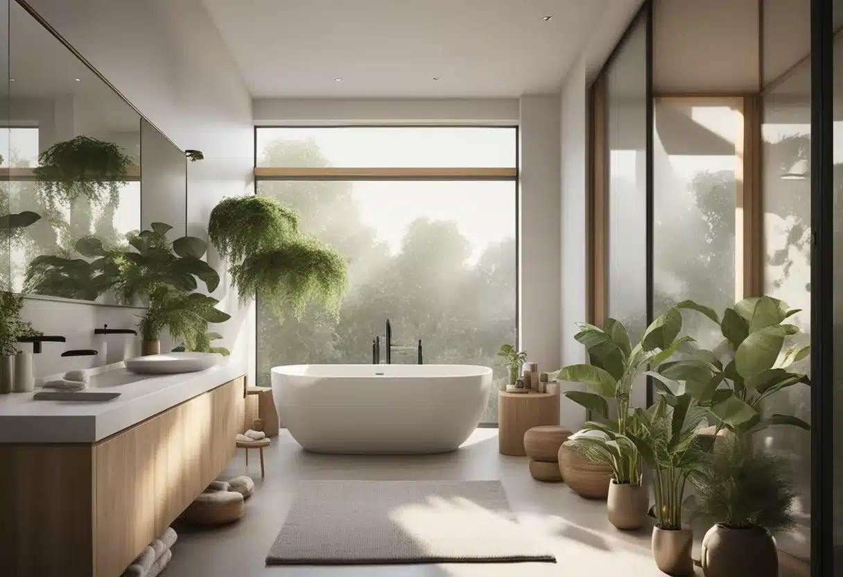 A serene bathroom scene with natural light, plants, skincare products, and a fluffy towel