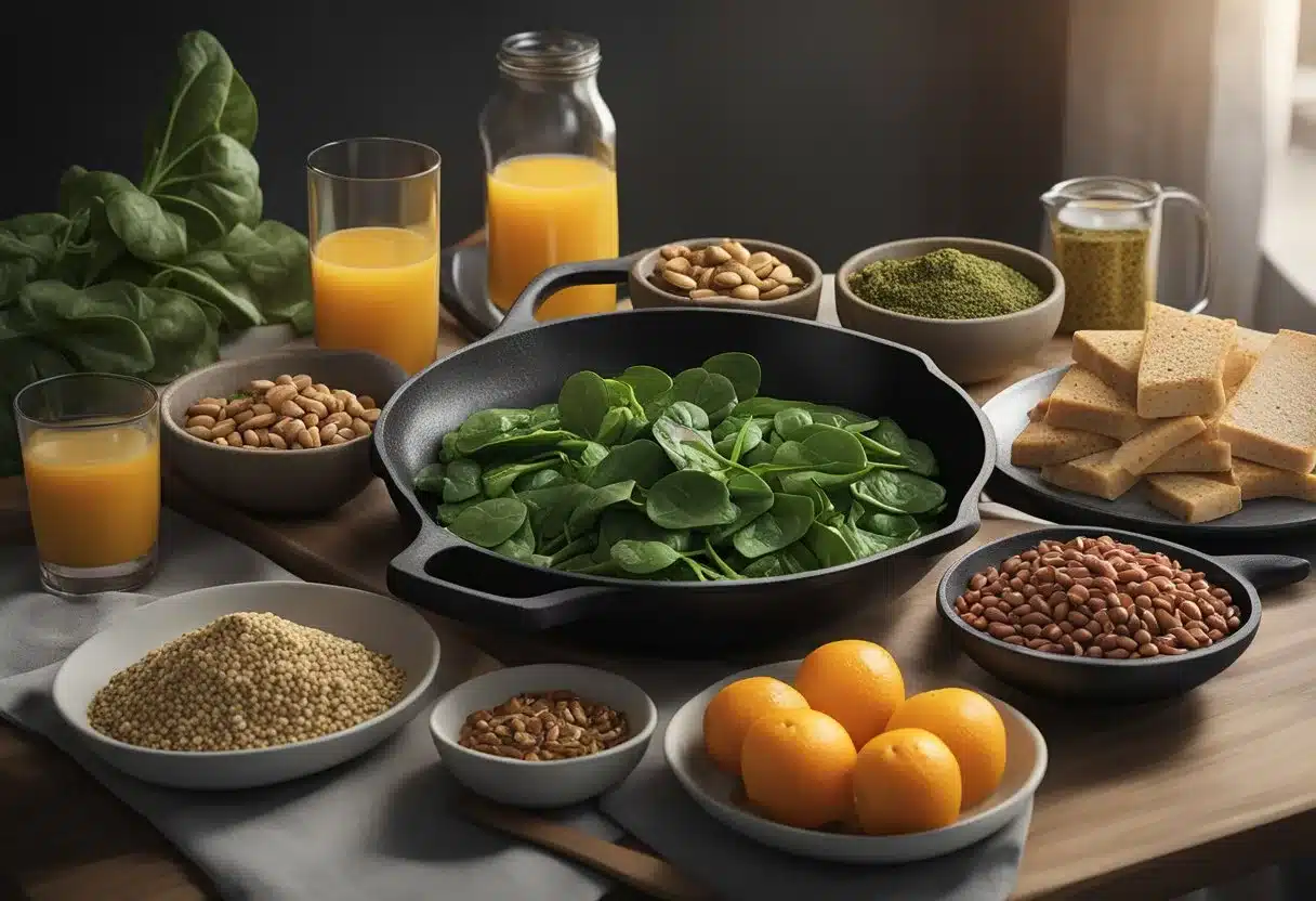 A table with a variety of iron-rich foods: spinach, lentils, beans, red meat, nuts, and tofu. A glass of orange juice and a cast-iron skillet are also present
