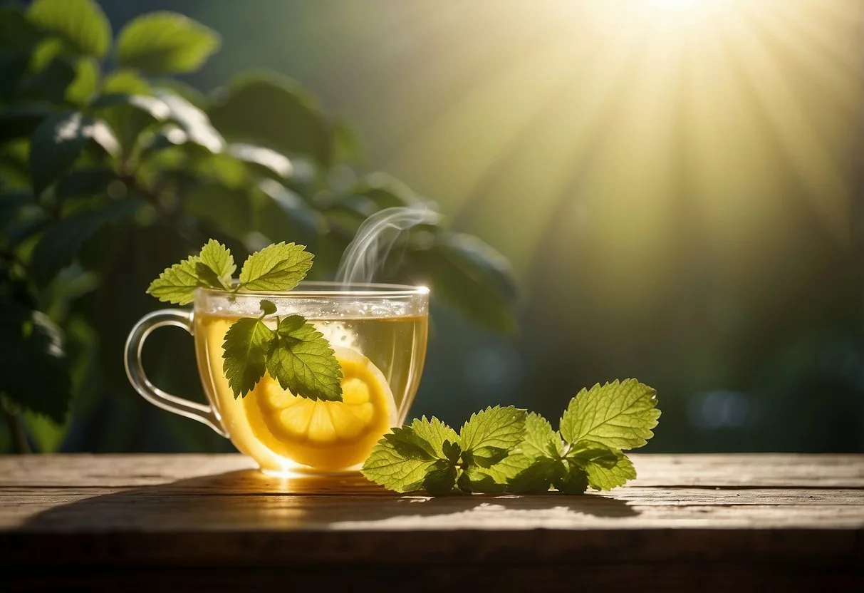 A steaming cup of lemon balm tea sits on a rustic wooden table, surrounded by fresh lemon balm leaves and a soft, warm glow from the sun streaming through a nearby window