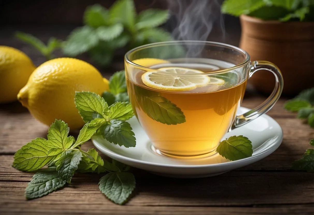 A steaming cup of lemon balm tea sits on a wooden table, surrounded by fresh lemon balm leaves and a slice of lemon