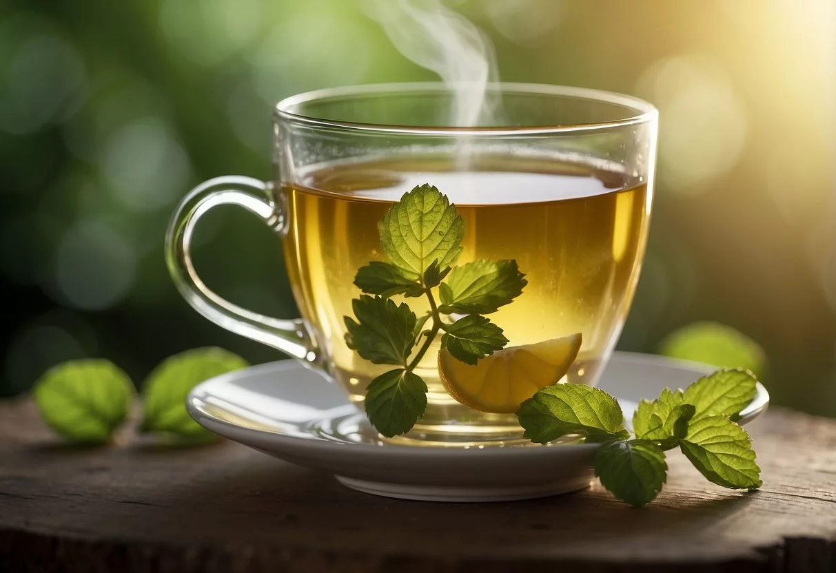 A steaming cup of lemon balm tea with a caution label and a list of potential side effects and precautions