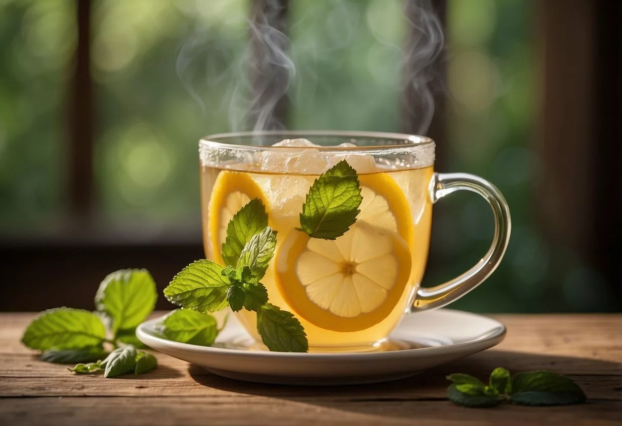 A steaming cup of lemon balm tea sits on a rustic wooden table, surrounded by fresh lemon balm leaves and slices of lemon. The aroma of citrus and herbs fills the air