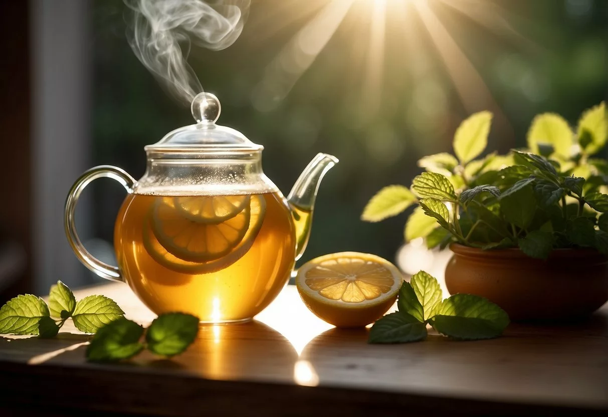 A steaming cup of lemon balm tea sits on a wooden table, surrounded by fresh lemon balm leaves and a teapot. Sunlight filters through a nearby window, casting a warm glow on the scene