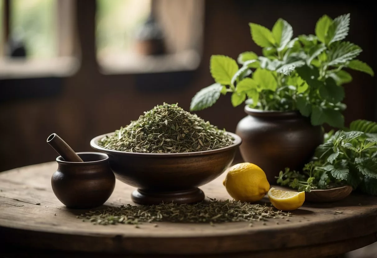 A medieval apothecary's table with dried lemon balm leaves, mortar and pestle, and brewing pot for lemon balm tea