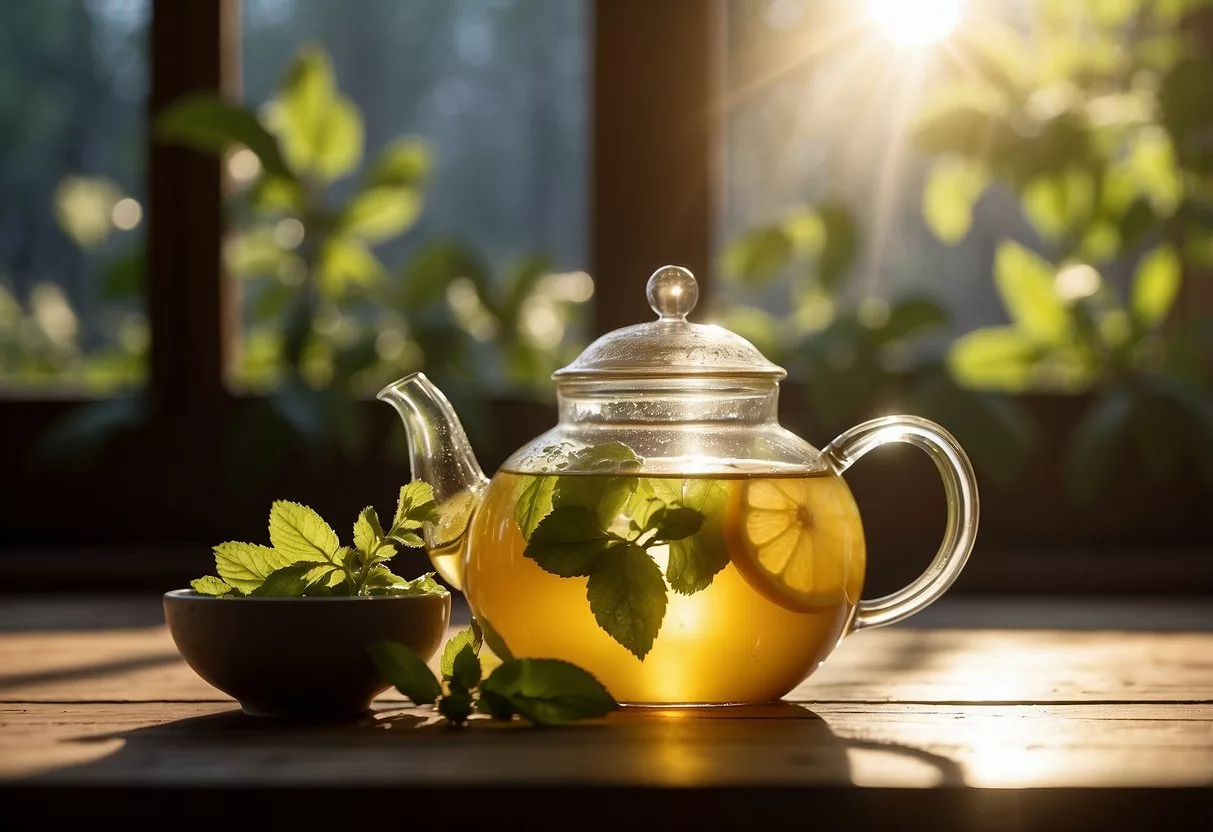 A steaming cup of lemon balm tea sits on a wooden table, surrounded by fresh lemon balm leaves and a teapot. Sunlight streams through a nearby window, casting a warm glow on the scene