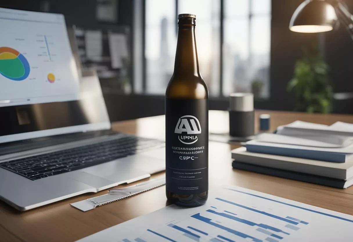 A bottle of Alpha-GPC sits on a table, surrounded by scientific research papers and a laptop displaying graphs and data