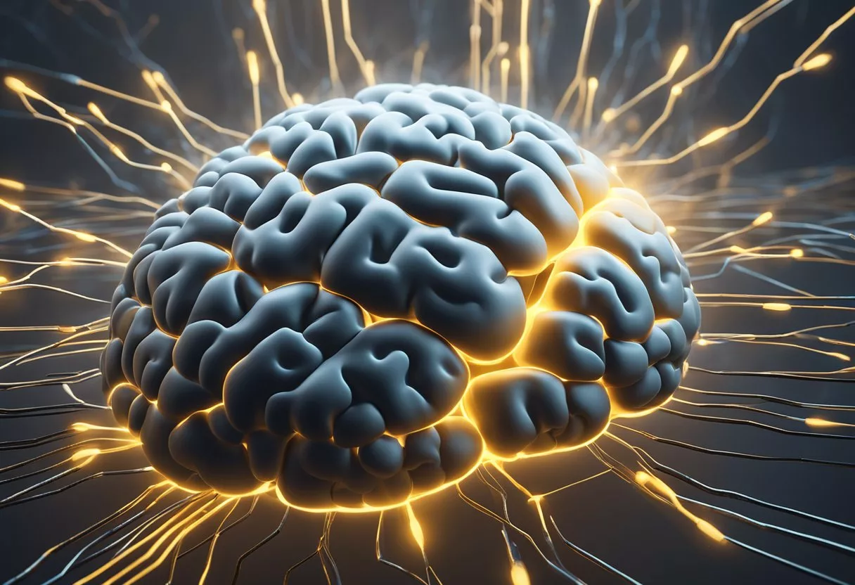 A brain surrounded by alpha-GPC molecules, emitting a radiant glow, with arrows pointing to improved cognitive function and overall health benefits