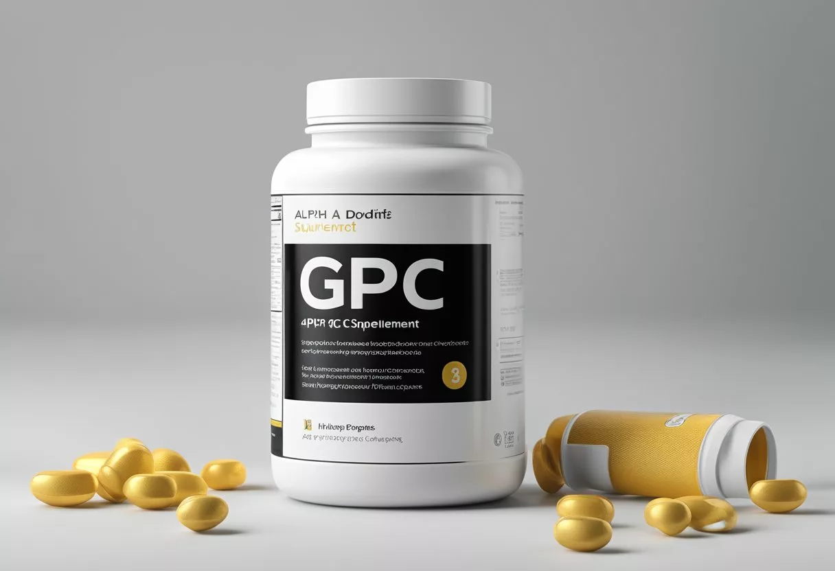 A bottle of alpha-GPC supplement with dosage instructions, benefits, and potential risks displayed on the label