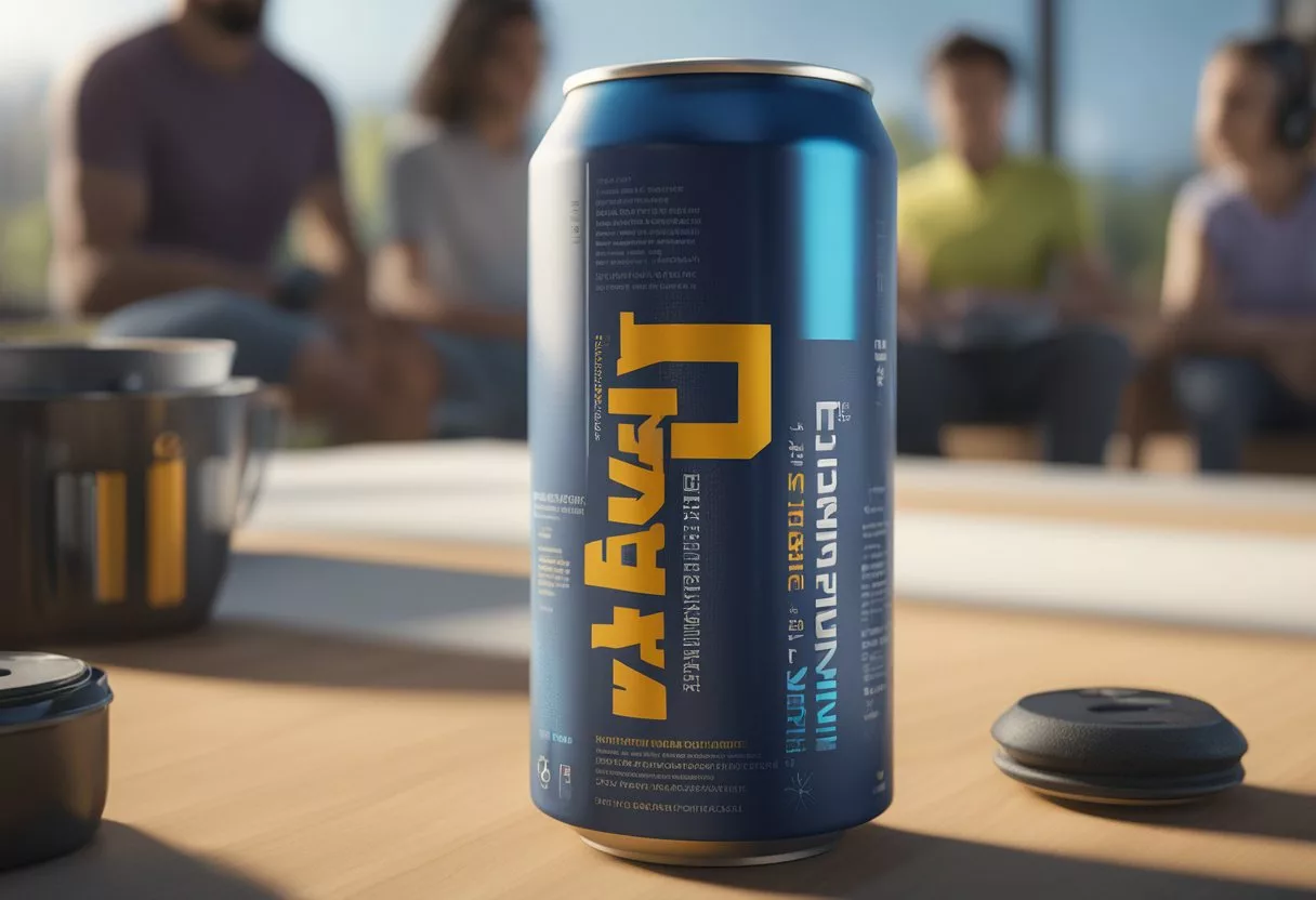 A can of energy drink with the word "Taurine" prominently displayed. Surrounding it are images of people engaged in physical activities, with a list of benefits and potential side effects of taurine displayed nearby