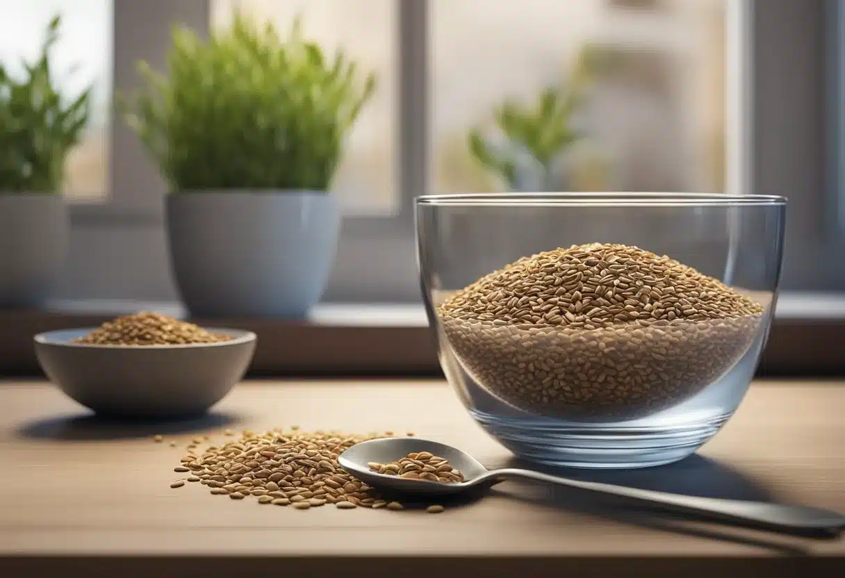 A bowl of flaxseeds next to a spoon and a glass of water, with a sprouting flax plant in the background