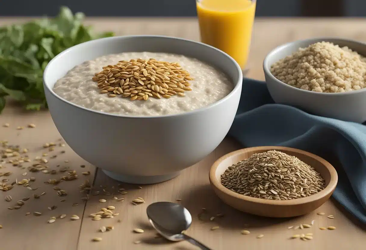 A bowl of oatmeal topped with flaxseeds, a smoothie with flaxseed powder, and a salad sprinkled with flaxseeds on a wooden table