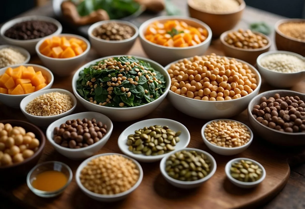 A table with 10 different iron-rich foods displayed: spinach, lentils, tofu, quinoa, chickpeas, pumpkin seeds, beef, turkey, dark chocolate, and fortified cereals