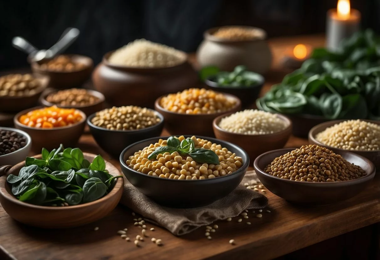 A table with a variety of iron-rich foods, including tofu, spinach, lentils, and quinoa, displayed in an organized and appealing manner