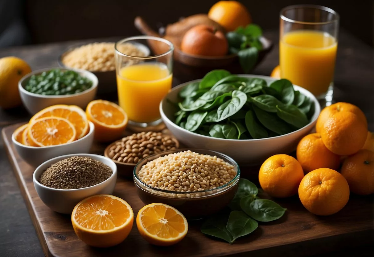 A table with a variety of iron-rich foods such as spinach, lentils, quinoa, and lean meats. A glass of orange juice and vitamin C-rich fruits are also present to enhance iron absorption