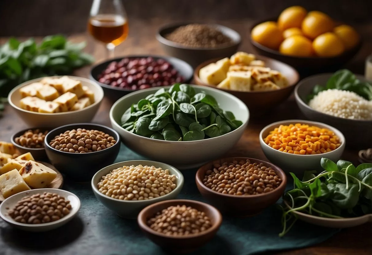 A table with various types of iron-rich foods, such as spinach, lentils, tofu, and red meat, displayed in colorful and appetizing arrangements