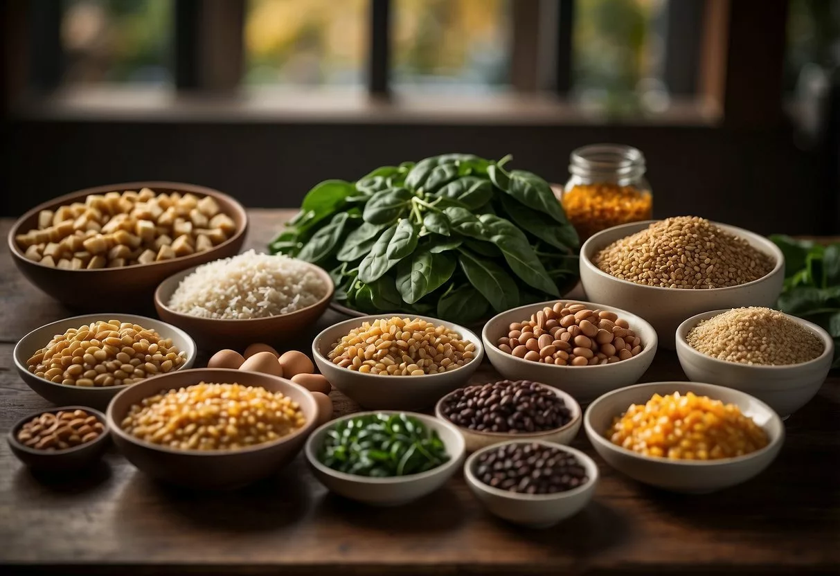 A table with a variety of iron-rich foods displayed, including spinach, lentils, quinoa, tofu, and beans. A sign reads "Frequently Asked Questions: 10 iron-rich foods."