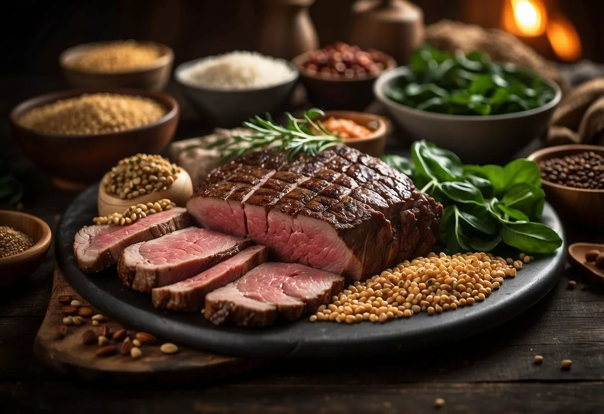 A table with a variety of red meat such as beef, lamb, and pork, surrounded by iron-rich foods like spinach, lentils, and quinoa