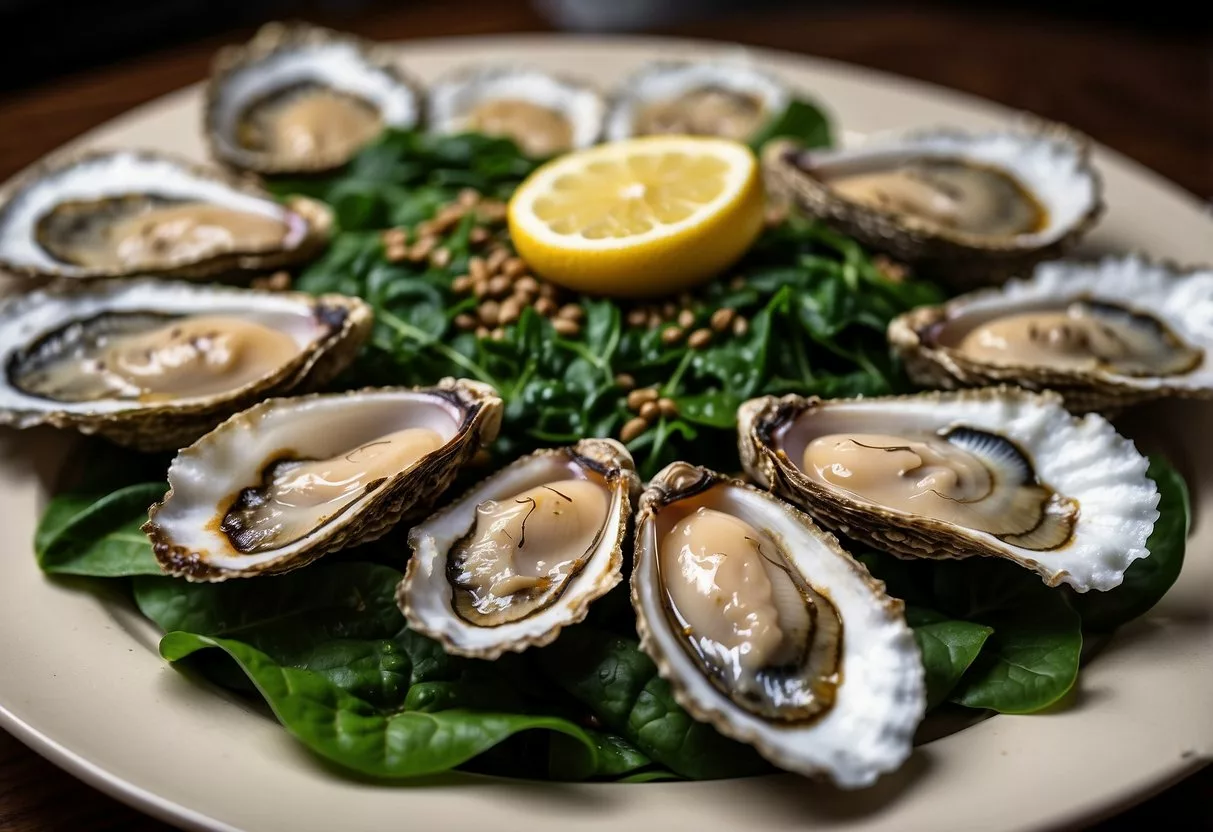 A plate of oysters surrounded by spinach, lentils, and beef