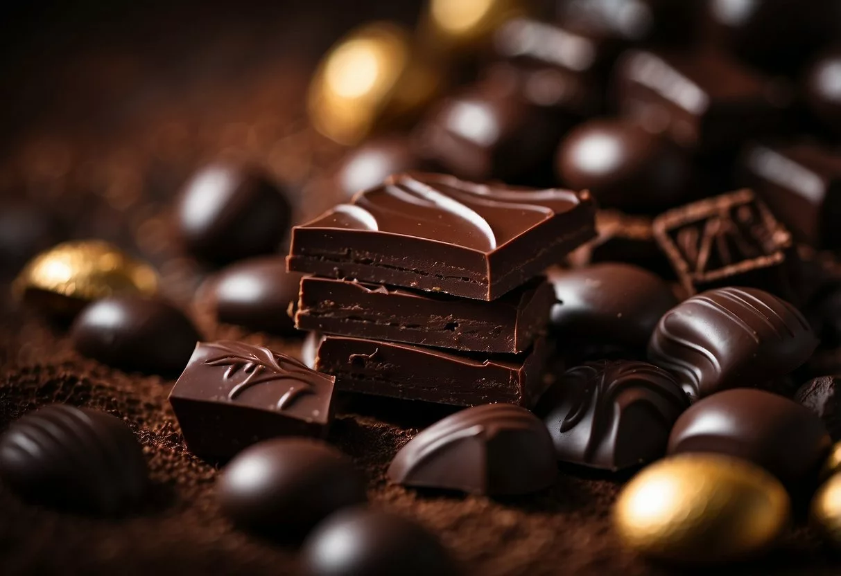 A pile of dark chocolate surrounded by iron-rich foods