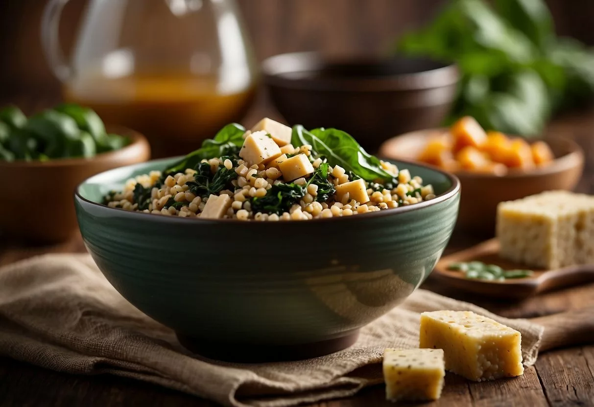 A bowl of quinoa surrounded by iron-rich foods like spinach, lentils, and tofu. Bright colors and varied textures create an appealing display