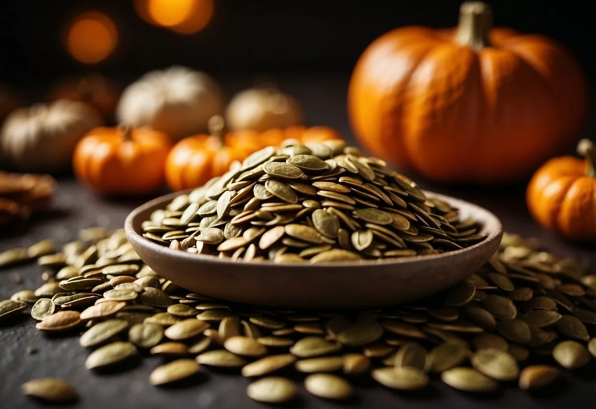 A pile of pumpkin seeds surrounded by other iron-rich foods