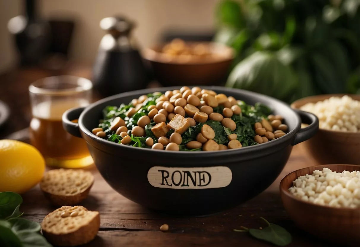 A bowl of lentils surrounded by spinach, tofu, and red meat, with a sign reading "Iron-Rich Foods" on a table