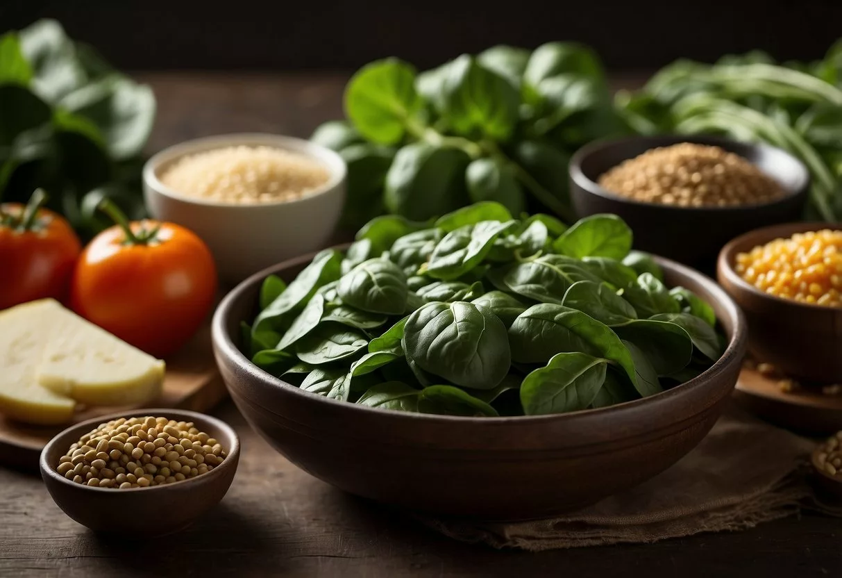 A table displaying spinach, along with other iron-rich foods like lentils, beef, and quinoa