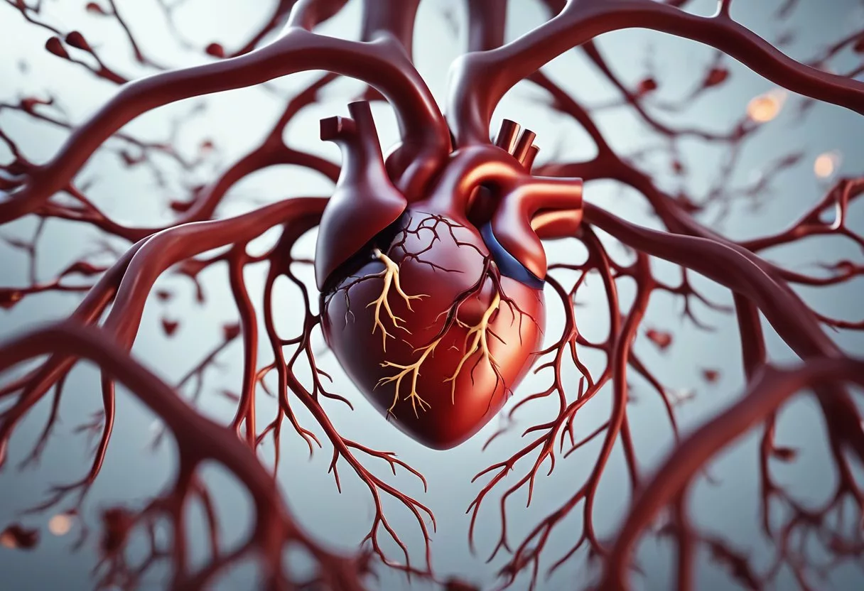 A healthy heart surrounded by arteries and veins, with blood flowing smoothly