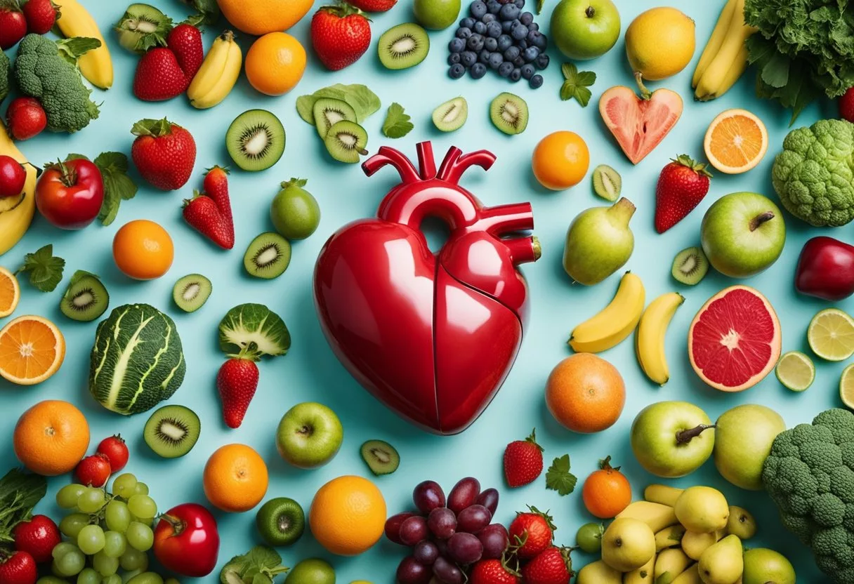 A vibrant heart surrounded by fruits, vegetables, and exercise equipment, symbolizing prevention and healthy living for cardiovascular health