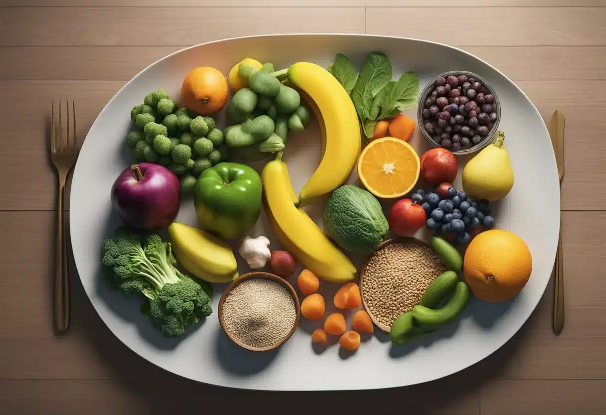 A table with various fruits, vegetables, whole grains, and lean proteins. A plate displaying a balanced meal following the power foods diet