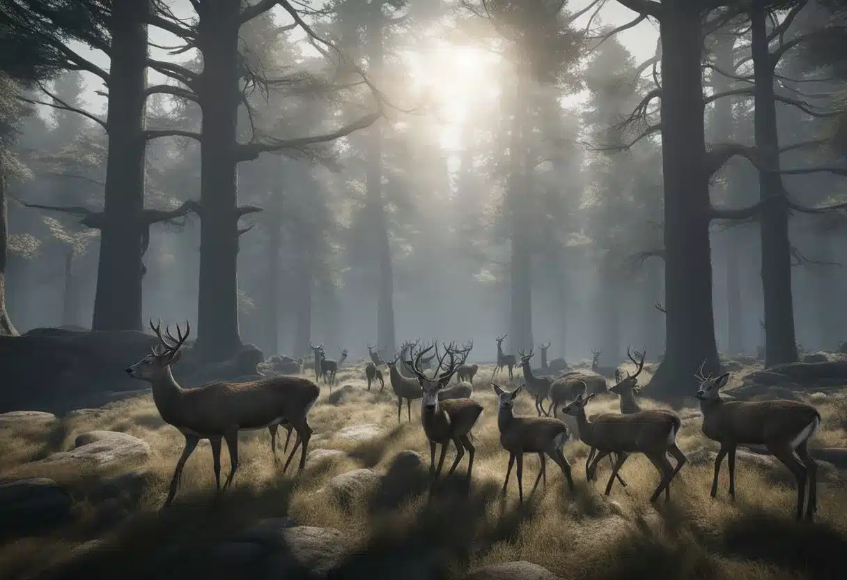 A group of zombie-like deer roam through a desolate forest, their eyes vacant and bodies emaciated. The trees are bare and the atmosphere is eerie, with an unsettling silence hanging in the air