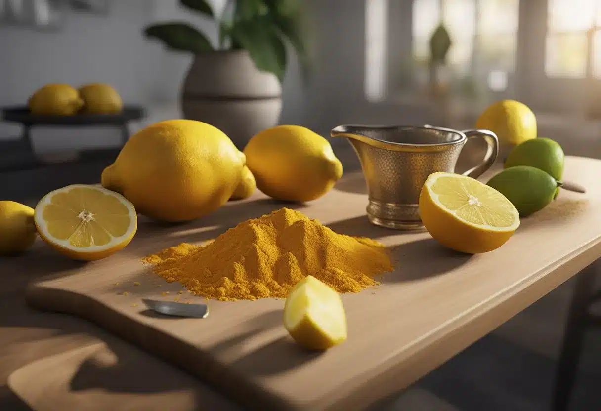 A table with fresh turmeric, ginger, and lemons. A mortar and pestle, cutting board, and knife are ready for use