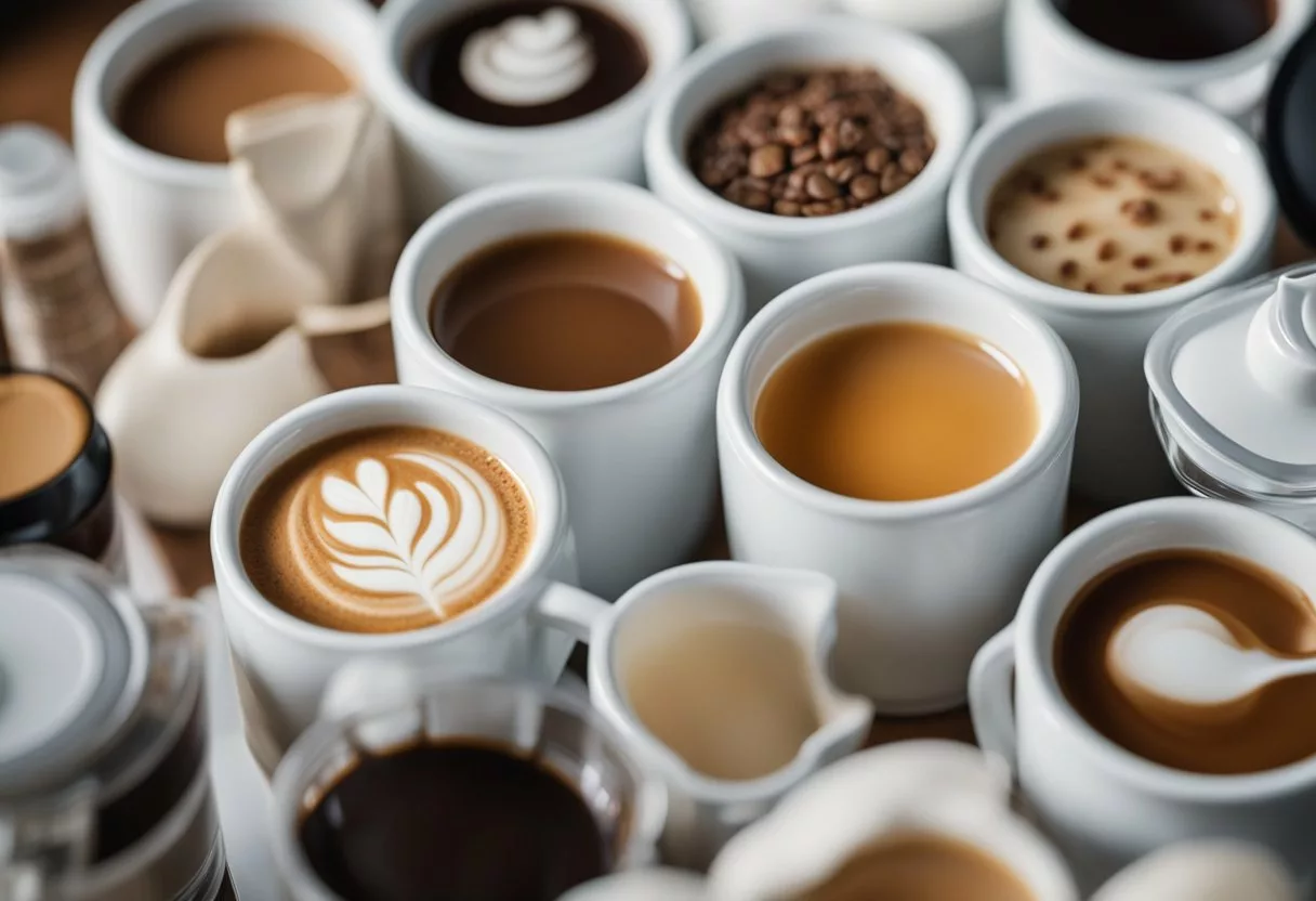 A table with various coffee creamer containers, surrounded by images of high blood pressure indicators